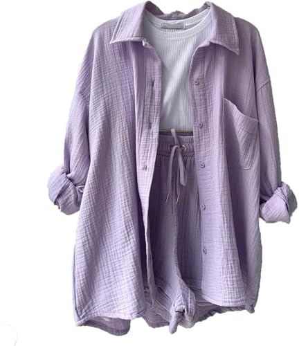 Yoga Outfit Damen Set Oversize Hausanzug Kleidung Damen Sommer Sport Set Damen Fitness Kurz Sport Set Frühlingsoutfits Damen Jogger Damen Sets Damen Sommer Damen Zweiteiler Elegant(1-Light Purple,M