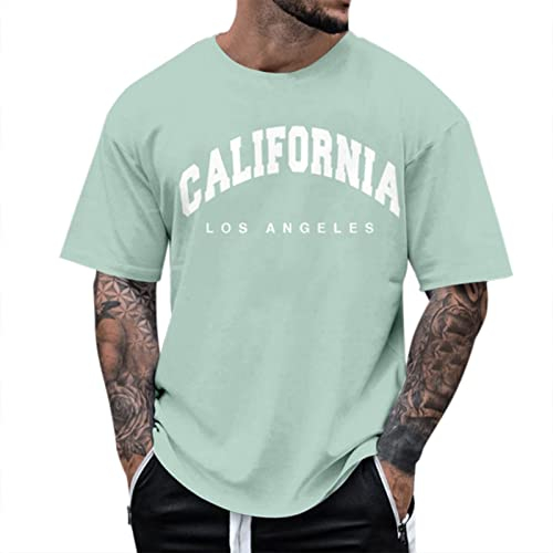 Tshirt Herren Oversize T-Shirt Kurzarm Rundhals Lose Sommer Oberteile Mode T-Shirt mit Los Angeles Palme Grafik T Shirts Vintage Drucken Streetwear Männer Sportshirts Minzgrün XL