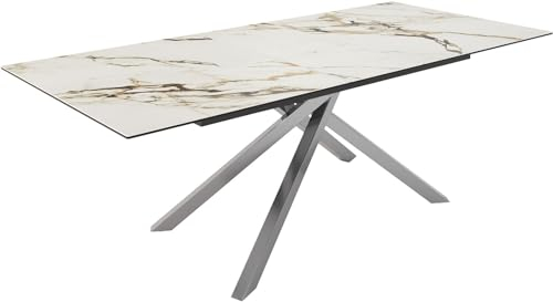 Esszimmertisch Edge Keramik Calacatta Luxe Weiß-Gold-Grau 180-220x100 Kreuzgestell Rechteck Edelstahl ausziehbar