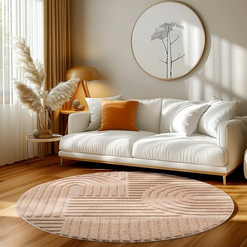 HomebyHome Kurzflor Teppich 200 cm Rund Rosa - Hoch-Tief 3D Effekt Waschbar, Flauschig und Extra Weich - Skandinavisch Boho Muster für Wohnzimmer, Schlafzimmer, Esszimmer und Küche