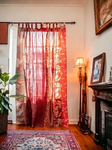 AFFERTO Dekorative Seiden-Sari-Vorhänge, einzigartiges Patchwork-Design, lichtfilternde Fensterpaneele für Wohnzimmer und Schlafzimmer, 213,4 cm Länge, Rot