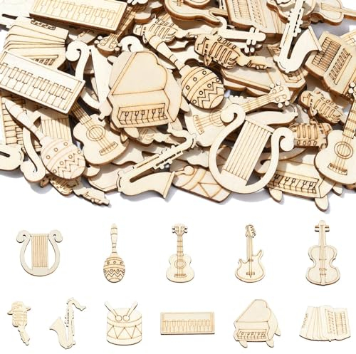 Ipotkitt 100 Stück zufällige Holzausschnitte für Musikinstrumente, Klaviergitarre, Trommelform, unlackierte Holzausschnitte für Zuhause, Party, Dekoration, Bastelbedarf