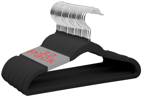 Wellong Kleiderbügel für Kinder, 35 cm Kinderkleiderbügel aus Samt, rutschfeste Kleiderbügel mit 360°-Drehhaken, Samtbügel für Hemden, Hosen, Röcke, Kleider, Jacken, Mäntel, 32 Stück Schwarz