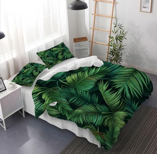Palmblätter Pflanzen Bettwäsche-Set 135 × 200 cm, Einfache Pflege Weiches Mikrofaser Bettbezug mit Reißverschluss 1 Bettbezug und 2 Kissenbezug für Vier Jahreszeiten Schwarz Grün