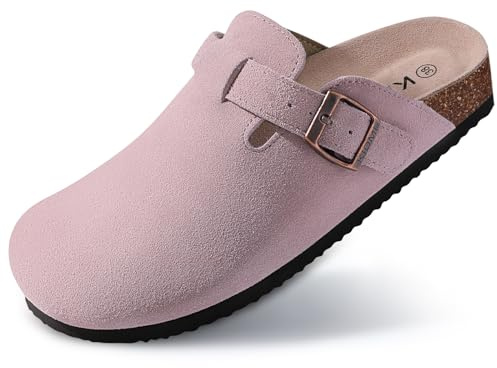 shevalues Genuine Suede Clogs for Women Cork Footbed Mules Sandals Pink