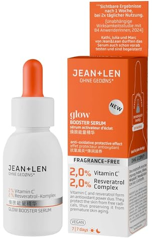 Jean & Len Glow Booster Serum, vegan, 30 ml | Für jeden Hauttyp, schenkt matter Haut den Glow, mit Vitamin C-Derivat & Resveratrol-Komplex, parfümfrei