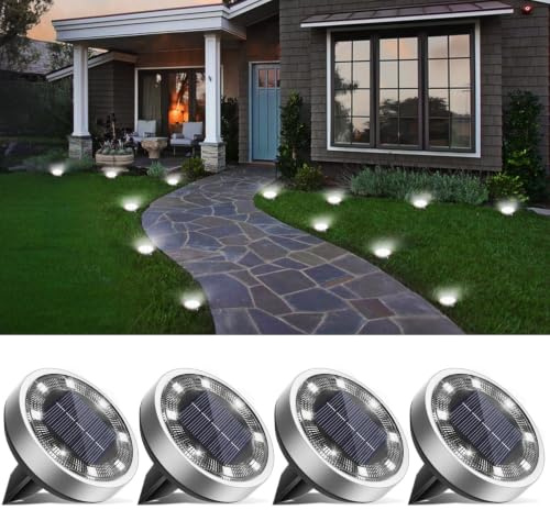 vighep Solar Lights Outdoor Garden, 4 Pack Super Bright Led Solar Ground Lights, IP65 Waterproof Disk Light, Flat Pathway Lighting for Garden Lawn Patio Deck Walkway Landscape-Cold White