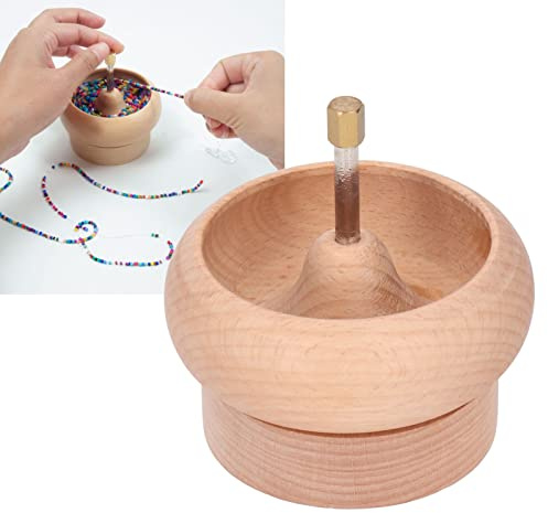 Wooden Bead Spinner with Metal Rod for Seed Beads, Large Eye Needle Compatible, Handheld Beading Kit for DIY Jewelry Making, Craft Manual Turning Bowl