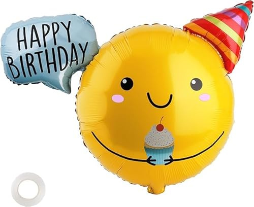 Happy Birthday Ballon, Geburtstagsdekorationen für Kinder, 30 Zoll Folienballon Party Supplies mit Band, Fotohintergrund, gelbes Smiley-Gesicht-Design, 1 Packung