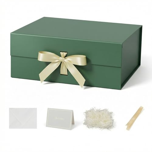 Grün Magnetische Geschenkbox mit Deckel groß 32x28x13.5cm mit Geschenkbeutel, Schleife, Raffia & Grußkarte