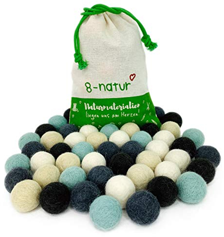8-Natur „Mix Winter“ Bunte Mischung aus 50 Filzkugeln 2,2cm dick aus reiner Merinowolle zum Basteln von Girlanden, Baby Mobile und Filzkugelteppich oder einfach nur zur Deko