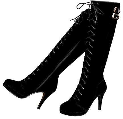 getmorebeauty Damen-Stiefel, Wildlederschnalle, Schnürung, kniehoch, mit Reißverschluss, hoher Absatz, Schwarz, 38.5 EU