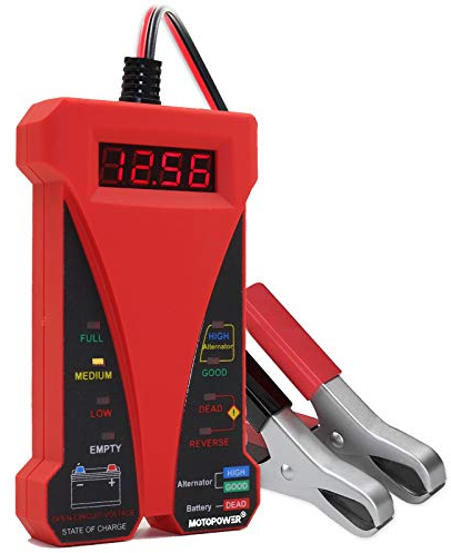 MOTOPOWER 12V Digital Battery Tester Voltmeter and Alternator Charging System Analyzer with LCD Display and LED Indication, Red Rubber Paint