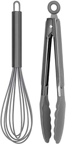 Country Kitchen Stainless Steel Silicone Tipped Kitchen Food BBQ and Cooking Tongs for Non Stick Cookware, BPA Fee, Stylish, Sturdy, Locking, Grill Tongs, Gunmetal, Tong and Whisk Set, Gray