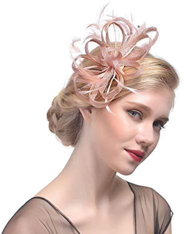 Lazder – Chapeau bibi de mariée style vintage avec volants, fleurs et plumes avec pince à cheveux, pour fêtes et banquets (rose)