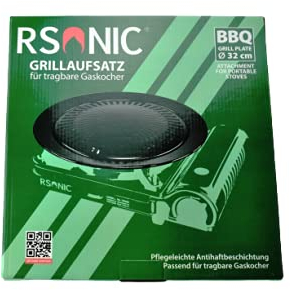 RSonic tragbarer Grillplatte Rund, Guss Antihaft | BBQ Grillaufsatz | Grill Platte | auch für tragbarer Campingkocher | aus Alu | Durchmesser 32cm | Schwarz | Camping-Kochgeschirr