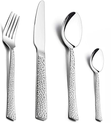 HaWare 24 Pieces Cutlery Set, Stainless Steel Hammered Flatware Silverware Include Knife Fork Spoon, Service for 6, Mirror Polish & Dishwasher Safe, Home/Kitchen/Party