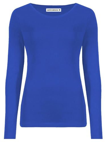 janisramone Womens Ladies Round Neck Long Sleeve T-Shirt Stretchy Plain Fitted Basic Jersey Casual Tee Top Royal Blue