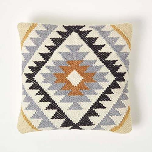 Homescapes Kelim Kissen Agra schwarz-Gold-grau, Deko-Kissen 45x45 cm, Teppich-Kissen mit Füllung, handgewebtes Kissen mit Muster