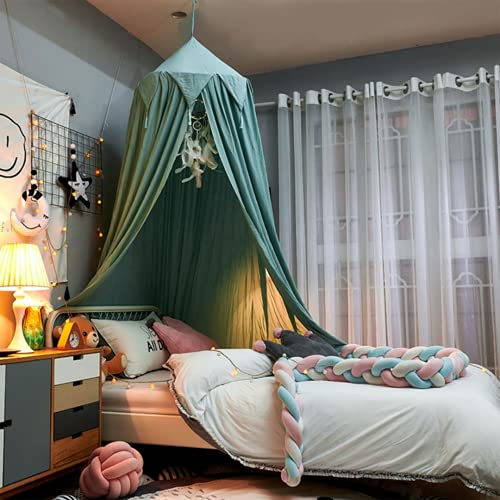 SHIKUN Baumwolle Round Dome Bett Baldachin Moskitonetz Bett Zelt mit Flagge Quaste Nordischen Stil Kinderzelt Bett Vorhang Kinderzimmer Dekoration für Jungen, Mädchen, Kinderbett