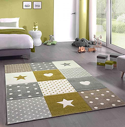 CARPETIA Kinderteppich Kinderzimmer Spiel Teppich Punkte Herz Stern Design Creme weiß Gold Größe 120x170 cm