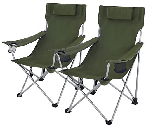 SONGMICS Campingstuhl, 2er Set, Klappstuhl, Outdoor-Stuhl mit Armlehnen, Kopfstütze und Getränkehaltern, Metallgestell, bis 150 kg belastbar, grün GCB09AG02