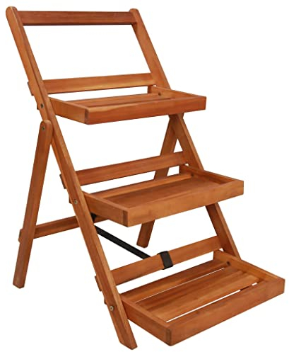 Klappbar Pflanzenständer mit 3 Regalböden, Holz Blumenständer Blumenregal Pflanzenregal Blumentreppe für innen und außen Garten Balkon, 50 x 63 x 80 cm Massivholz Akazie