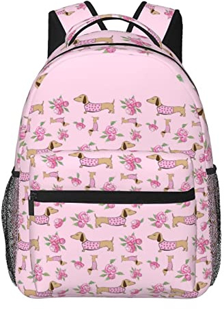 Lässiger Rucksack Dackel Pink Floral Wiener Dog Klassische Büchertasche Wasserabweisende Schultasche Lässiger Tagesrucksack mit Seitentaschen
