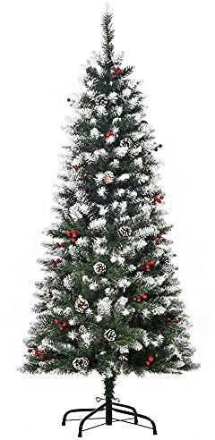 HOMCOM Árbol de Navidad Plegable 150 cm con Nieve 408 Ramas 25 Bayas 21 Piñas Hojas Apertura Automática y Soporte Metálico Decoración Navideña para Interior Verde