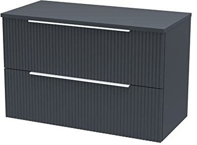 Hudson Reed DFF1495W Fluted Modern Bathroom Wall Hung 2 Drawer Vanity Unit with Colour Match Worktop, 800mm, Soft Black
