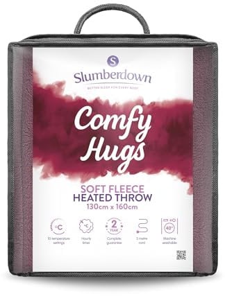 Slumberdown Comfy Hugs Heated Throw Blanket - Large Electric Blanket for Bed, Sofas & Settees, Soft Fleece Blanket with 10-Heat Settings & Hourly Timer - Cosy & Snuggly, Washable, Plum (130cm x 160cm)
