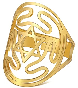 KKJOY Davidstern-Ring aus Edelstahl, durchbrochener Sechs-Krümmer mit Stern, verstellbar, offene Fingerringe, Modeschmuck Geschenk für Damen und Herren
