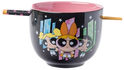 Silver Buffalo The Powerpuff Girls Featuring Blossom, Bubbles, and Buttercup Ceramic Ramen Noodle Rice Bowl with Chopsticks, Microwave Safe, 20 Ounces