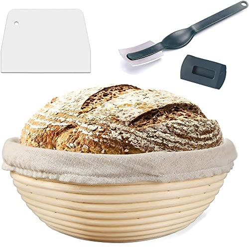 Voarge gärkörbchen Rund, ø 25 cm, Höhe 8.5 cm Gärkorb Set für Brot Backen Fasst 1kg Teig,EIN natürlicher, handgefertigter Rattan-Gärkorb,mit Leineneinsatz+Teigschaber+ Bread Brotmesser,Rund