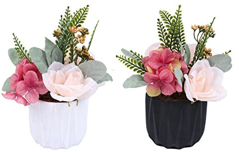 Jusdreen Künstliche Blumentopfpflanze, künstliche Blume, Pfingstrose und kleine Keramikvase, künstliche Pflanze, Eukalyptusblatt, Beeren, Blumenarrangement für Heimdekoration, 2 Töpfe