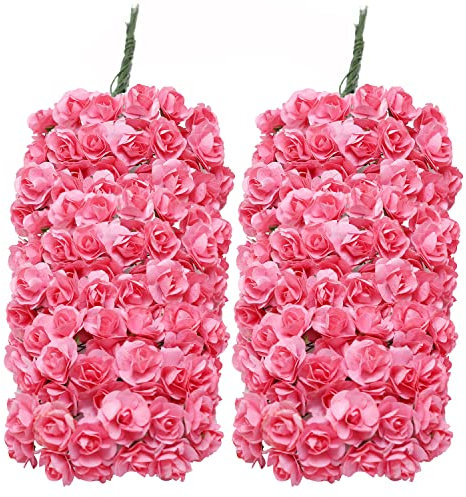 144 Stück Maulbeer-Papier-Mini-Rosen, künstliche Blumenköpfe mit Stielen für DIY-Bastelzubehör, Braut-Haarspangen, Stirnbänder, Kleid, Hochzeit, Heimdekoration, Valentinstag (Rouge-Pink)