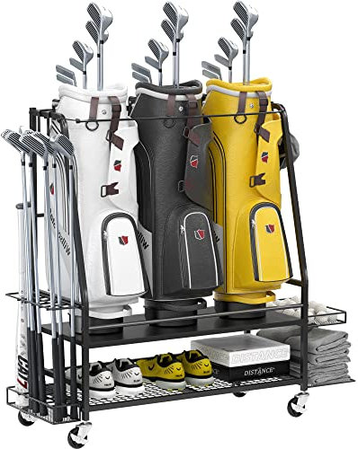 Golf Bag Organizer for 3 Golf Bags - Golf Bag Storage Rack for Garage - Golf Organizer for Golf Accessories with 2 Side Shelves, Clubs Holder and Wheels