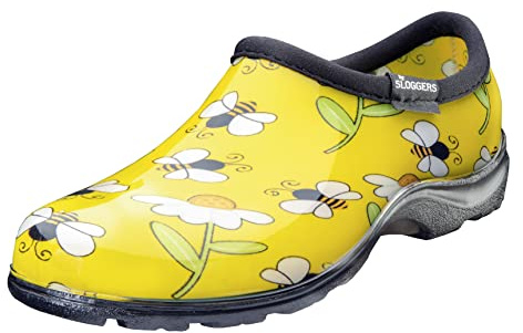 Sloggers Original Waterproof Rain and Garden Shoe for Women– Outdoor Slip-On Garden Clog - Made in The USA with Premium Comfort Insole and Arch Support - Bee Print Yellow, Size 9