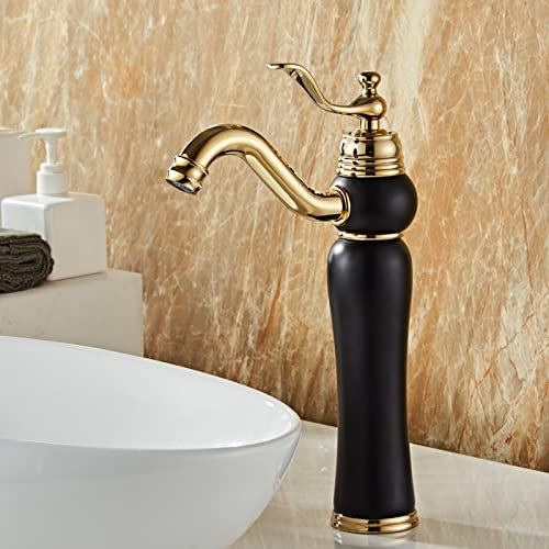 Robinets de lavabo de salle de bain rétro, robinet de lavabo en laiton robinet de salle de bain eau chaude et froide, robinet de lavabo de salle de bain monotrou à poignée unique, or noir, haut