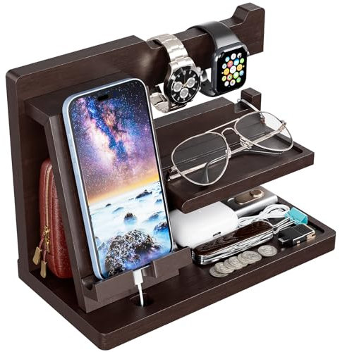 Yirilan Bedside Organiser, Bedside Table Organiser, Bedside Organiser for Him, Gifts for Men, Husband Anniversary, Dad Birthday, Fathers Day Present-Brown