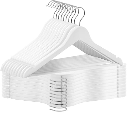 ABHENG Kleiderbügel Holz 20 Stück, Holzbügel mit Rutschfester Hosensteg und 360° drehbarer Haken, Einkerbungen im Schulterbereich, Hergestellt aus Naturholz, 44,5B x 23H cm, Weiß + Silbern,AWY0320W