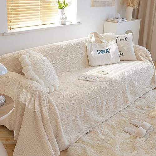 Gualiy Sofa Bezug 180x280cm, Einfarbig mit Geometrisch Muster Sofa Überzug 3 Sitzer Sofabezug Antirutschanti Weiß Sofa Überzug für Wohnlandschaft