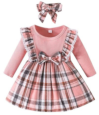 HodJIU Abito da principessa per bambina, a quadretti, rosso, a maniche lunghe, abito da sposa da sera, vestito da festa di Natale, abito invernale casual + fascia, Nodo rosa, 6-9 Mesi