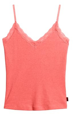 Superdry Damen Geripptes Essential Trägertop mit Spitze aus Bio-Baumwolle Pastelline Korallrot XS/S