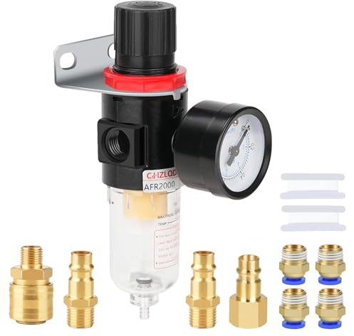 Druckluft Wasserabscheider Druckminderer für Kompressor, 1/4Inch Druckregler kompressor,Filterregler Luftfilter Druckregler mit Schnellkupplung,Deutsche Schnellkupplungen und Manometer