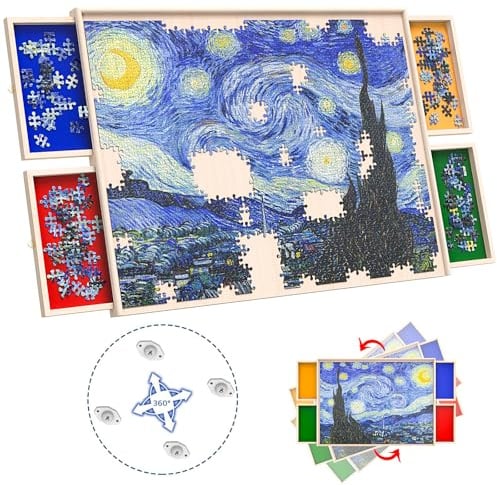 Rotatable 360-Degree Wheels Puzzle Board with Drawers and Cover 1000 Pieces Lightweight Portable Wooden Puzzle Table for Adults Size 30 x 22