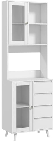 HOMCOM Alacena de Cocina Armario de Cocina Buffet Aparador con 2 Puertas de Vidrio Compartimentos Abiertos 4 Cajones y Estantes Ajustables 60x35x180 cm Blanco