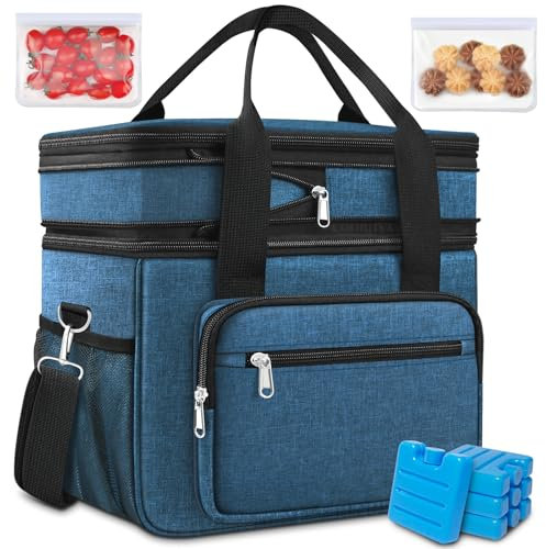 Extra große, erweiterbare, isolierte Kühlbox für Herren, doppelstöckig, auslaufsicher, robuste Lunchtasche mit 4 Kühlakkus und 2 Snackbeuteln für Erwachsene/Bau/Frauen/Arbeit/Picknick/Camping, Blau