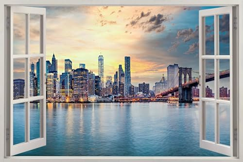 HUBDECO - Wandtattoo - Wanddeko - Selbstklebende Folie - Fototapete - Wandsticker - Fototapete 3d Effekt - Selbstklebende Tapete - Fenster & Stadt Motiv - New York, Brücke, Stadt - 120x80cm