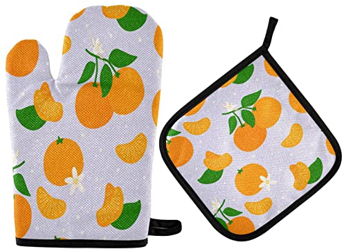 Ufuson Bellissimi guanti da forno e presine arancioni con mandarini, antiscivolo, lavabili e resistenti al calore, per microonde, barbecue, cottura alla griglia, set di 2